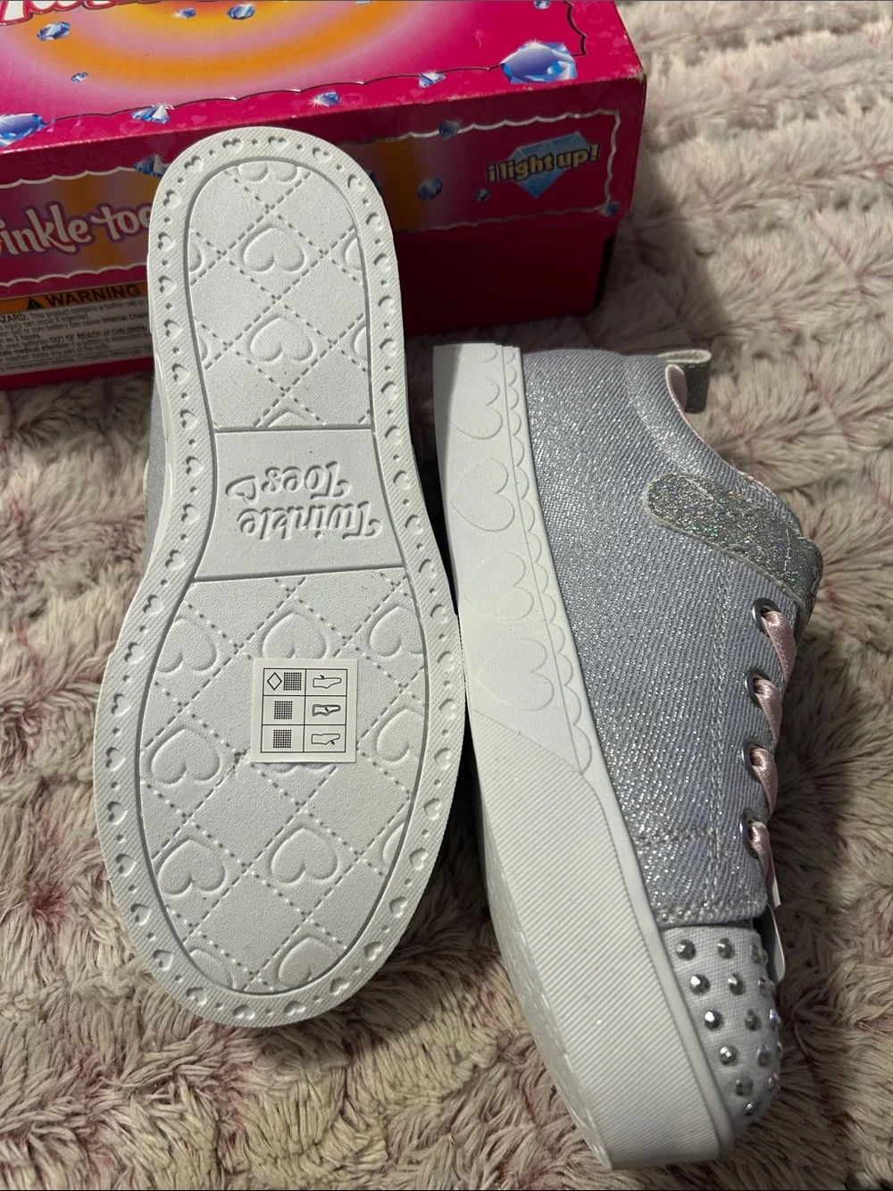 Skechers Twinkle Toes Light  Up Silver Glitter Sneakers  size 2.5